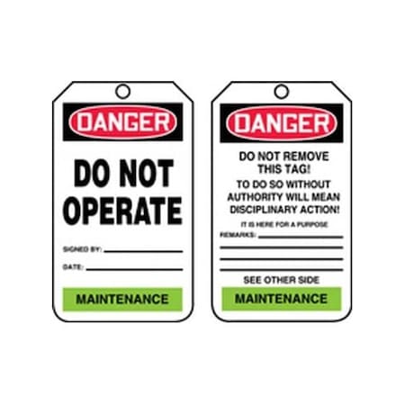 Accuform Safety Tags, DANGER DO NOT OPERATE MAINTENANCE, 5.75in x 3.25in, RP-Plastic, 25PK TPM106PTP